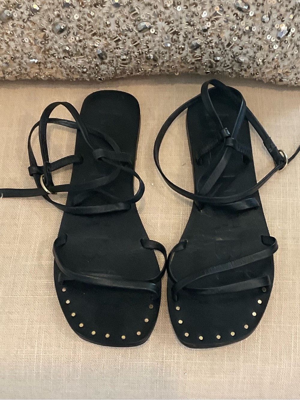 NEW Manebi Black Leather Wrap Sandals with Gold Nailhead Accent